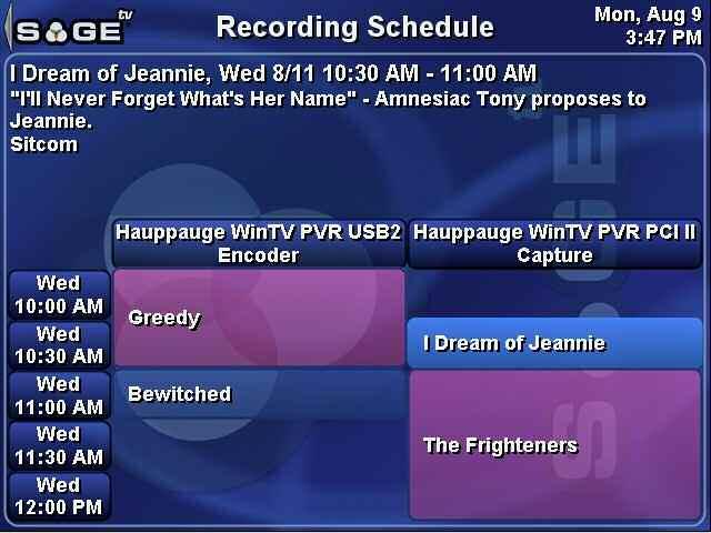 SageTV V2 User s Guide Chapter 3: SageTV Menus Page 43 Recording Schedule Use the Left arrow or click on to go to the Main Menu.