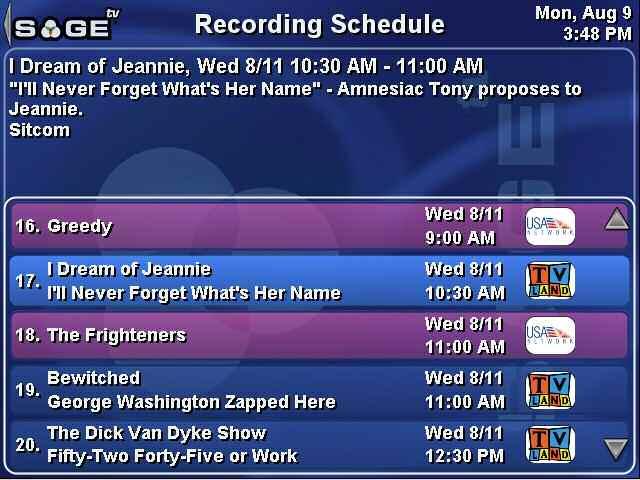 Parallel schedule listing The list of upcoming recordings may be displayed in either the parallel style, where a column for each installed capture device is used to display shows in the time slot
