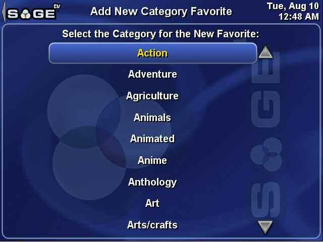 SageTV V2 User s Guide Chapter 3: SageTV Menus Page 51 New by Actor Adds a new favorite by searching for and choosing the name of the actor to be added.