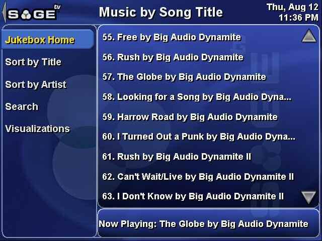 SageTV V2 User s Guide Chapter 3: SageTV Menus Page 64 Music by Song Title Use the Left arrow or click on to go to the Music Jukebox.