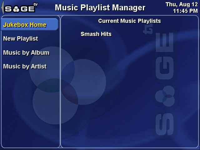 SageTV V2 User s Guide Chapter 3: SageTV Menus Page 66 Music Playlist Manager Use the Left arrow or click on to go to the Music Jukebox.
