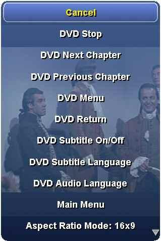 DVD Audio Language Displays a pop-up menu where you can choose which language to use for audio playback. Main Menu Go directly to the Main Menu.