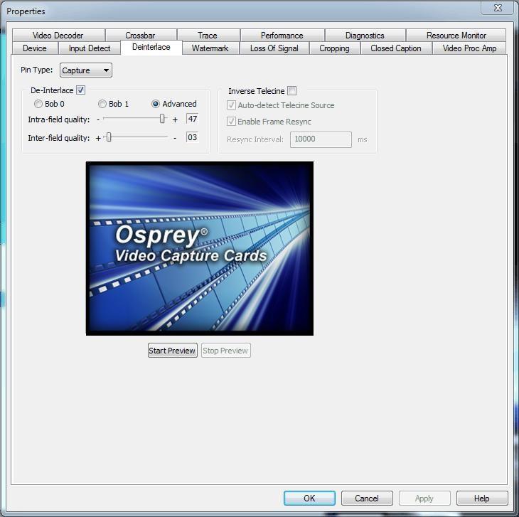 Osprey 800e Series User Guide Deinterlace tab Use the Deinterlace tab (Figure 25) to turn deinterlacing on or off, select a desired operating mode, and instruct the card to detect telecined content,