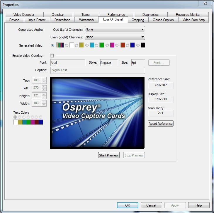 Osprey 800e Series User Guide Loss Of Signal tab When the incoming video signal is lost, the Osprey 800 series capture card detects the signal loss.