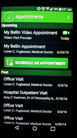 2. The Appointments screen will display your upcoming appointments. Next to the video visit appointment a video camera icon will display. a. Green camera icon means you can join the video visit by selecting the visit.
