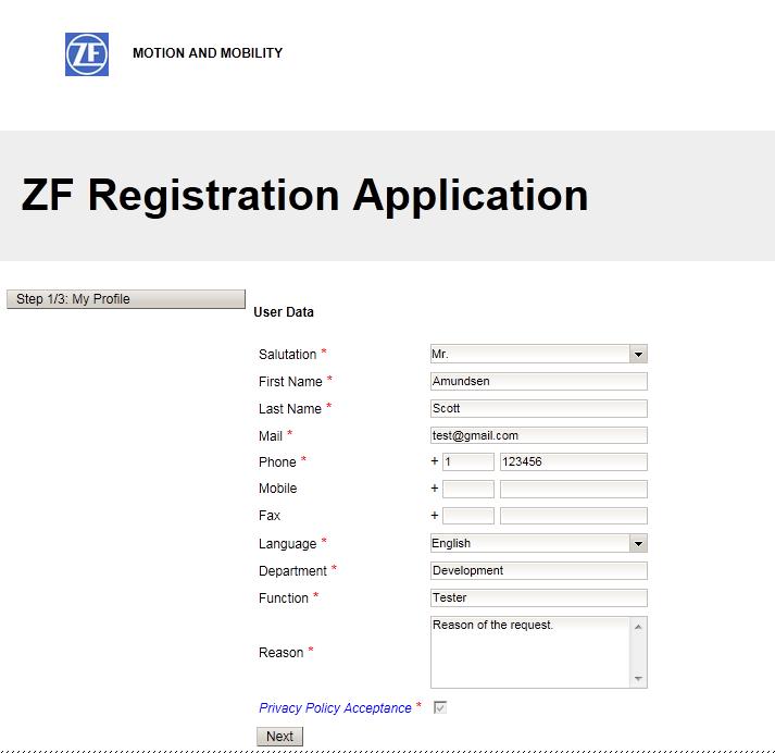 2.1 User registration ZF Registration You can find the registration form on the login page of any ZF External Application at "Apply for access".