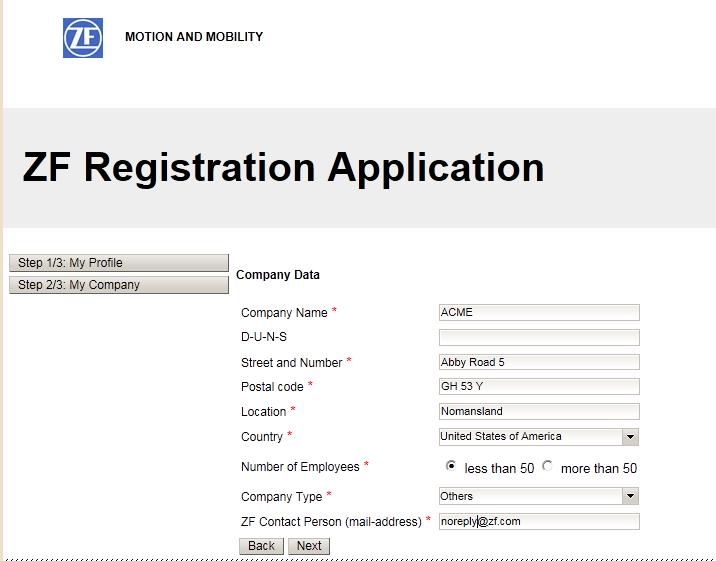 Figure 2 Registration form "Declaration of consent" Company data: name of company, D-U-N-S, street & house number, ZIP code, town, country, number of employees, company type, contacts at ZF (email