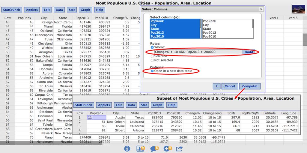 Make a new data set from a subset of an existing one StatCrunch has traditionally allowed users to filter the data used in particular procedures using a Where expression.