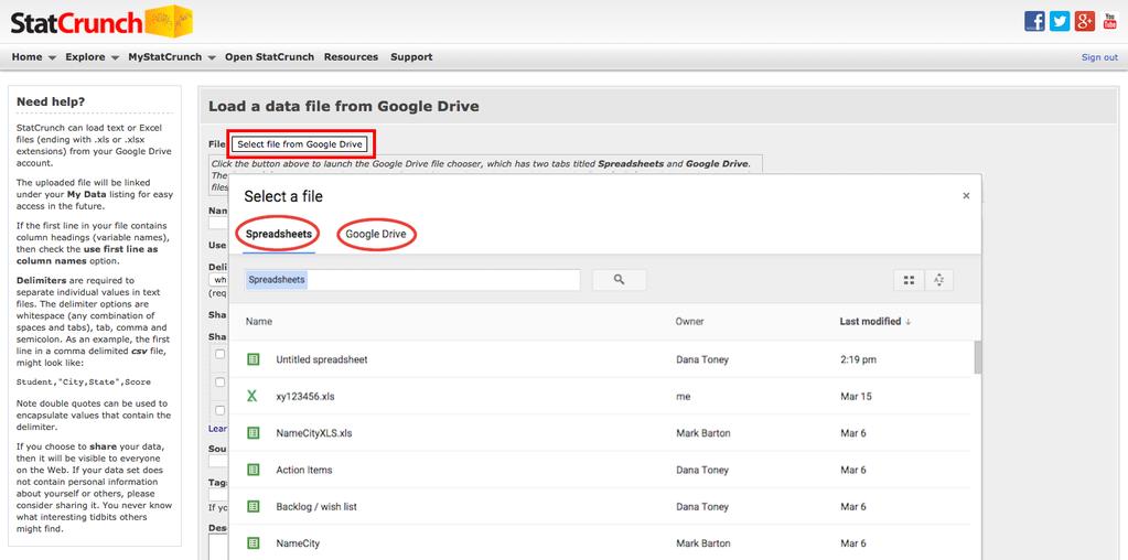 Load data from Google Drive StatCrunch now allows users to import data files from a Google Drive account.