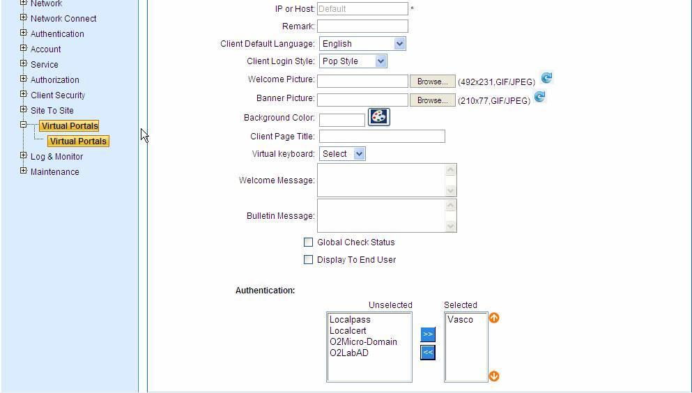 Next we need to configure user to login using radius authentication. In the left panel, select Virtual Portals to display the properties.