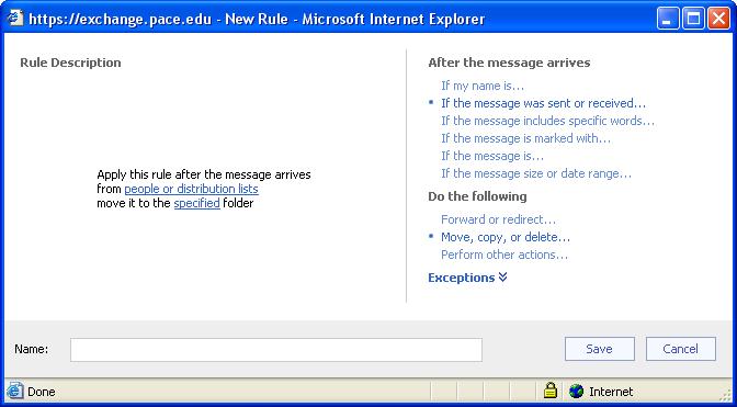 MAIL DRAFT COPY Delete Disabled Rules The New Rule dialog box displays.