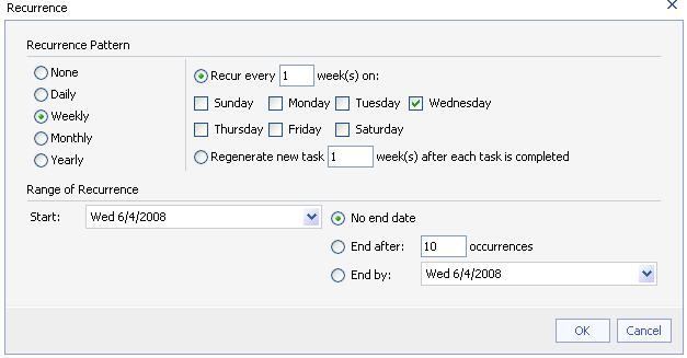 TASKS DRAFT COPY The Recurrence dialog box displays. A Recurrence Pattern can be scheduled for Daily, Weekly, Monthly or Yearly.