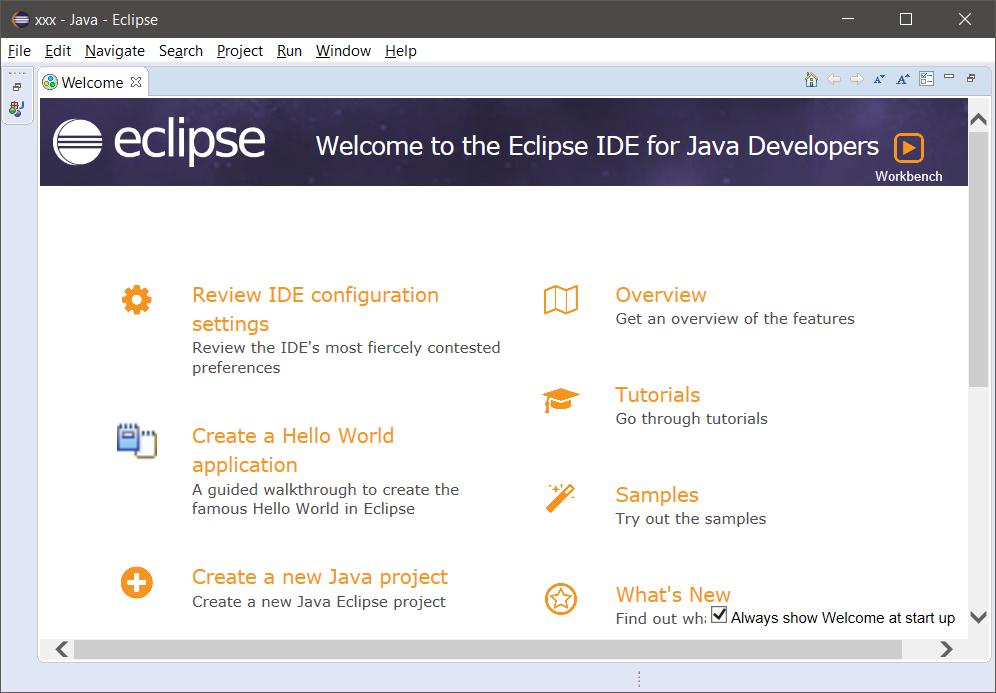 GETTING STARTED WITH ECLIPSE FOR JAVA 3 Go over the overview and/or tutorials or click on Workbench (the arrow icon) or simply close the Welcome tab to start working. 3. Importing and Exporting Preferences Configuring Eclipse is a daunting and time-consuming task for a novice.