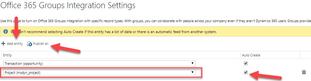 (msdyn_project) listed under entities, hit add entity and ensure