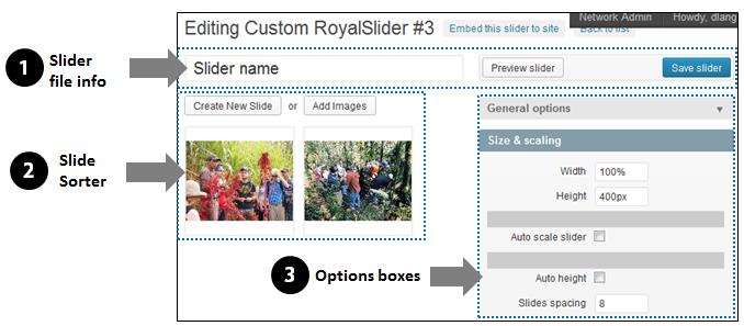 How to Create a Simple Image Slider The Edit RoyalSlider window has three main areas: 1. Slider file info where you name the slider, preview it, create it and save it. 2.