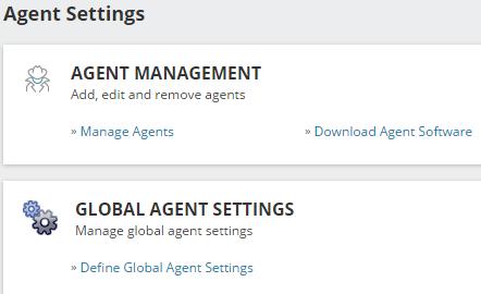Agent settings The Agent Settings page provides access to all of the settings and tools needed to install and manage agents. Additional agent settings can be found in the Control Panel.