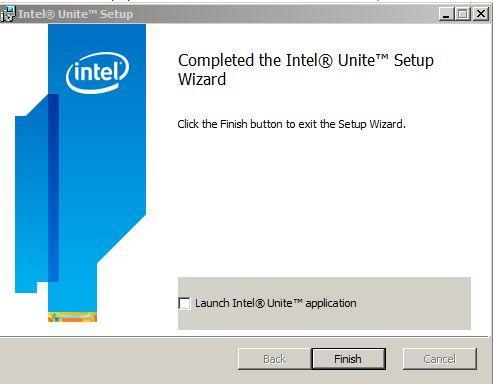 7. Once the installation wizard has ended, you will see the Completed the Intel Unite Setup Wizard window. 8.