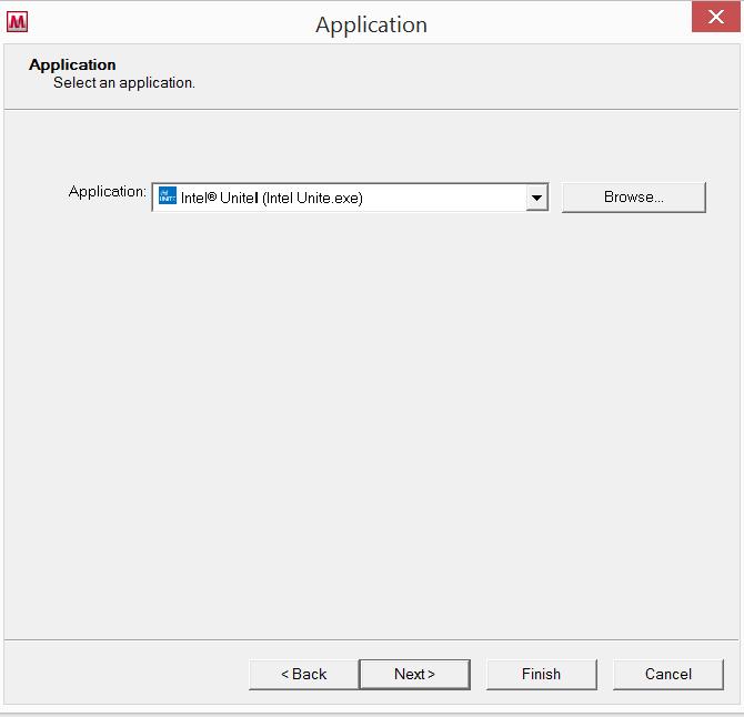 7. In the Application window, browse to the location of the application and add the Intel Unite.