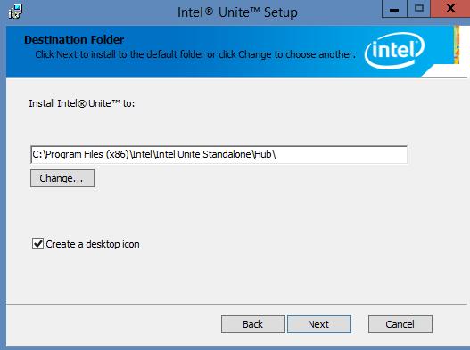 8. When you see the Ready to install Intel Unite window, you can go back to review your settings or click on Install to continue.