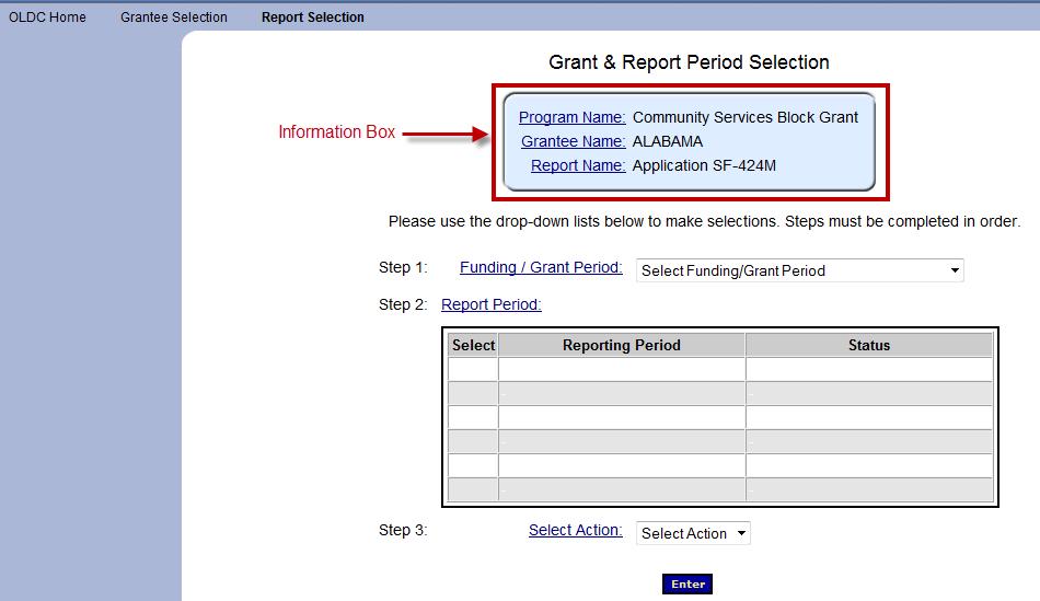 Accessing Reports The Grant & Report Period Selection screen displays The Information box towards