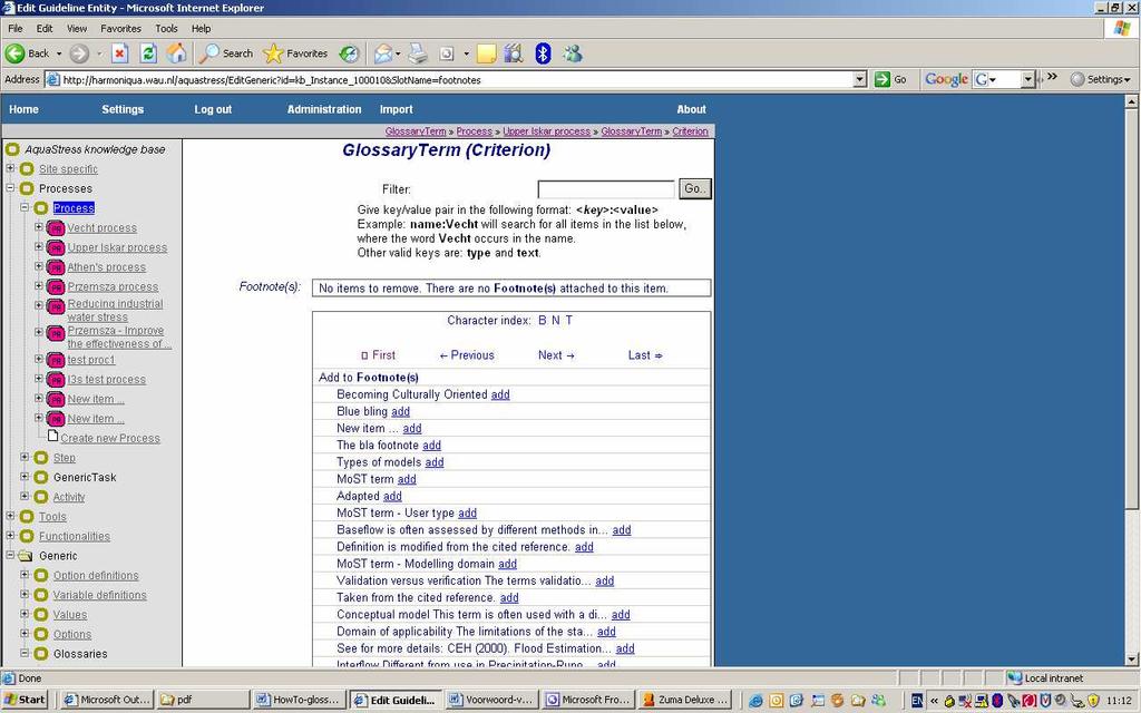 Figure 5. Main panel to edit a hyperlink list, here referring to the glossary term called Criterion. 4.4.4 Creating and deleting knowledge items of the glossary 1.