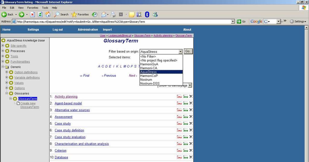 Figure 2. Main layout of the AQS-KB part on the glossary, emphasizing the filtering mechanism to select a part of the glossary. 4.3.3 Browse through (a part of) the glossary 1.