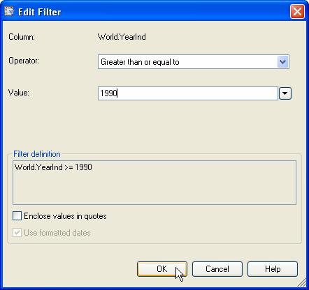 In the Edit Filter window, specify an Operator and Value.