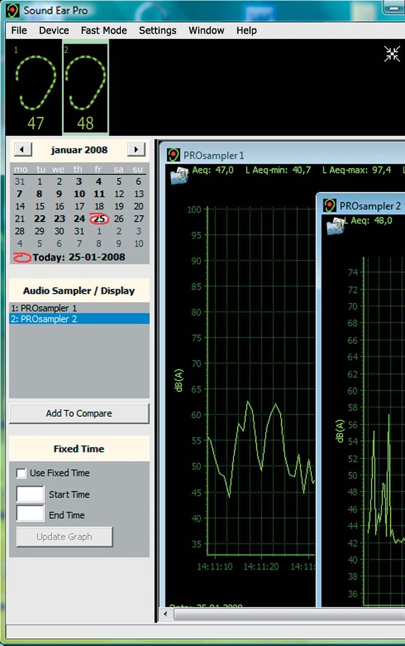USER INTERFACE MAIN WINDOW Minimizing the program window to Control View. Showing each noise meter connected as an ear. A square will be shown around the ear last chosen.