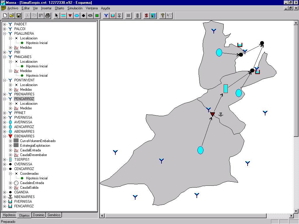 Figura 7: Application example for the basin of Serpis river. (3) Attributes values assigment. The assignment of values is done by interactive dialogs and by data files.