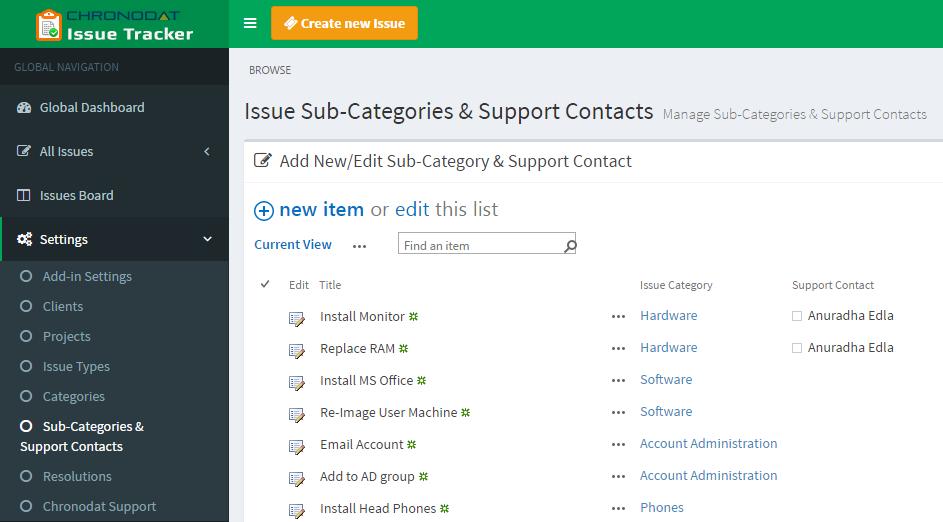 o Beside each item, you need to designate a default Support Contact so that anytime an Issue is put in under this Category & Sub-Category, it will automatically be assigned to that person, and he or