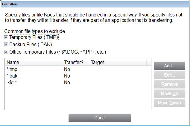 7c. File Filters PCmover allows you to list file types to exclude from the transfer. Some file types are already set up for you in this screen, such as temporary files (.tmp).