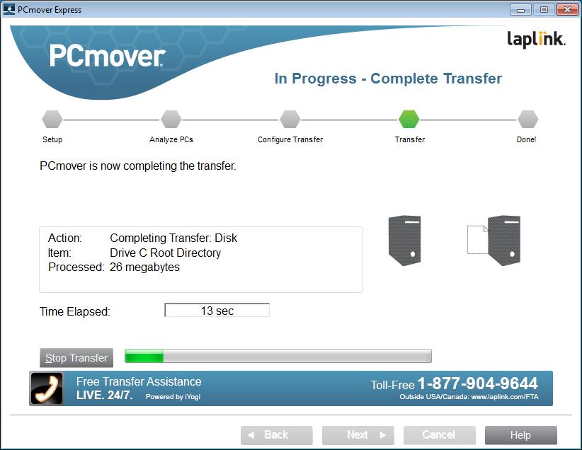 Transferring from the Old PC to the New PC 1. In Progress - Complete Transfer PCmover is now transferring all of your selected files and settings to the new PC.