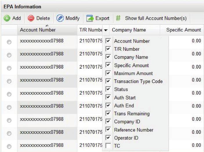 ACHieve Access 4.3 User Guide for Corporate Customers When this down arrow is selected, the list of columns is displayed.