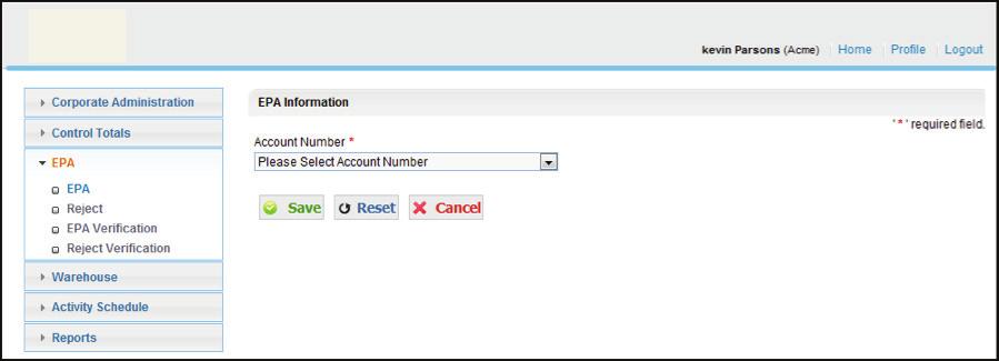 2 Select the Account Number from the drop down list box. 3..Once the Account Number range has been selected, the other required fields will display on the page.