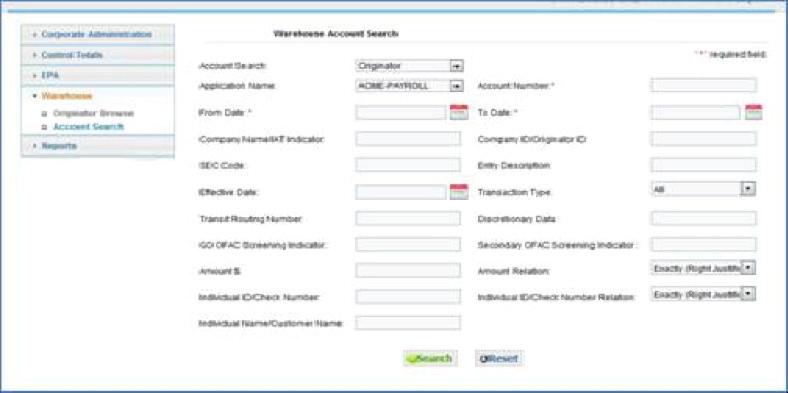 ACHieve Access 4.3 User Guide for Corporate Customers 3 Enter the Account Search dropdown (Originator or Receiver) (Required). 4 Enter the Application Name by using the drop down list (Required).