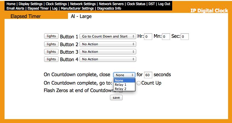 Configuring Relays for Countdowns (3300 Only) A B C D A. When a user schedules a countdown, they may also command a relay to close after a countdown is complete (if using a 3300 Series Digital Clock).