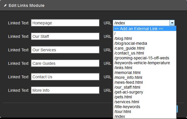 Add your Linked Text as the name of the tab. 2. Select the downward arrow in the corresponding URL field. 3. Choose from the dropdown menu. a. This dropdown includes all URL extensions to all pages within your Web Builder site.