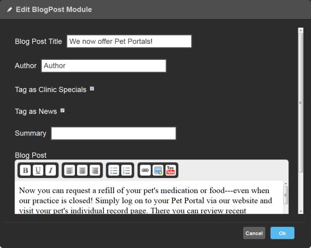 Editing an Existing Blog Post Vetstreet Web Builder Editor Tool User Guide v2.1 1. Click View All in the Latest News Module, or navigate to your Homepage and key in /blog.html after the URL. 2.