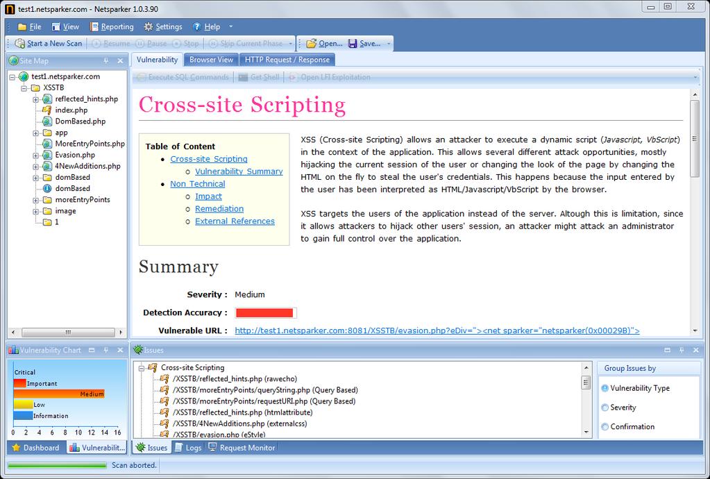 Chapter: Introduction to Netsparker 17 XSS (Cross site Scripting) Netsparker identifies Permanent/Stored and Reflective Cross site Scriptings.