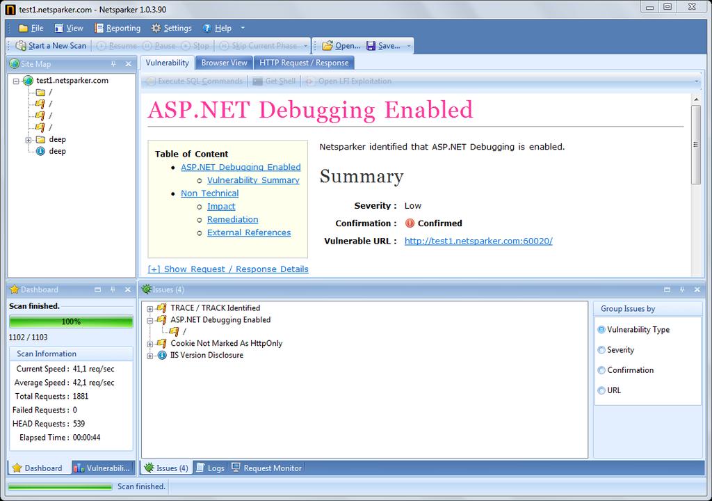 Chapter: Introduction to Netsparker 22 Detect ASP.NET Debugging Netsparker detects if ASP.NET Debugging is enabled. Figure 14: ASP.NET Debugging Enabled Detect ASP.NET Trace Netsparker detects if ASP.