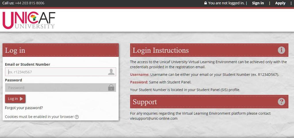 4) VLE Login Page The login page appears after you navigate to https://vle-uu.unicaf.org. At this point, you are not logged into the system.