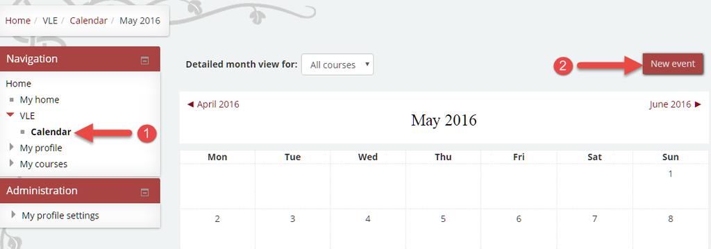 13) Calendar In the calendar, you can view your deadlines for assignments and quizzes, chat times and other course events or you can create your own events.