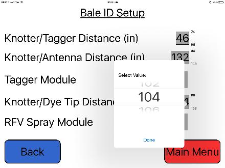 Setup Mode Large Square Balers *Only used if equipped with Tagger Turn Tagger ON by selecting the X Indicates tagger is ON *If RFV Equipped, additional options will appear on