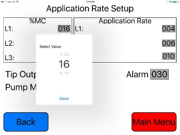 On the Setup Mode screen press the APPLICATION RATE key. Once selected the SETUP APPLICATION RATE screen will be shown. (Top right picture) 2.