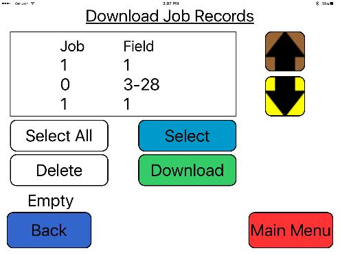 Download Job Records *Use the following information for Large Square Balers, Round and Small Square Balers After pushing the JOB RECORDS key in the Main Menu screen, the following screen will appear: