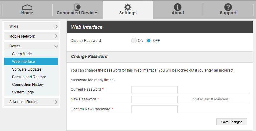 2. Click Save Changes to save your settings. Web Interface 1. Select Settings > Device > Web Interface. You can manage your account password on this page. Current Password: Enter the current password.