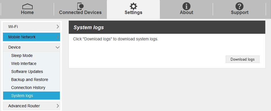 System logs Select Settings > Device > System logs and then click Download logs to download the system logs