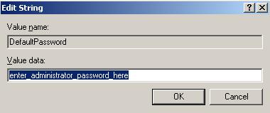 enter administrator password here. Now, double-click on the item ' DefaultPassword' and you should see this screen : Enter your VPS administrator's password in the Value data field and click OK.