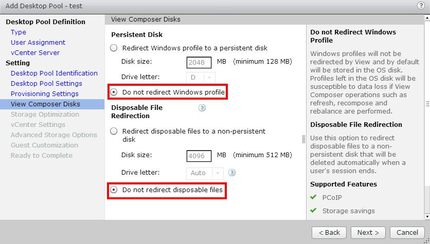 Figure 12 Persistent and Disposable File Redirection settings It is recommended that if desktops are persistent some form of user environment management (UEM) technology be used.