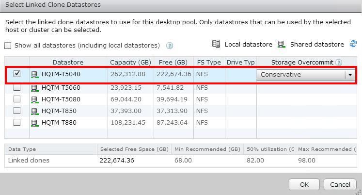 Figure 14 Datastore selection and storage overcommit. In Advanced Storage Options select whether to use VCAI/VAAI native NFS snapshots.